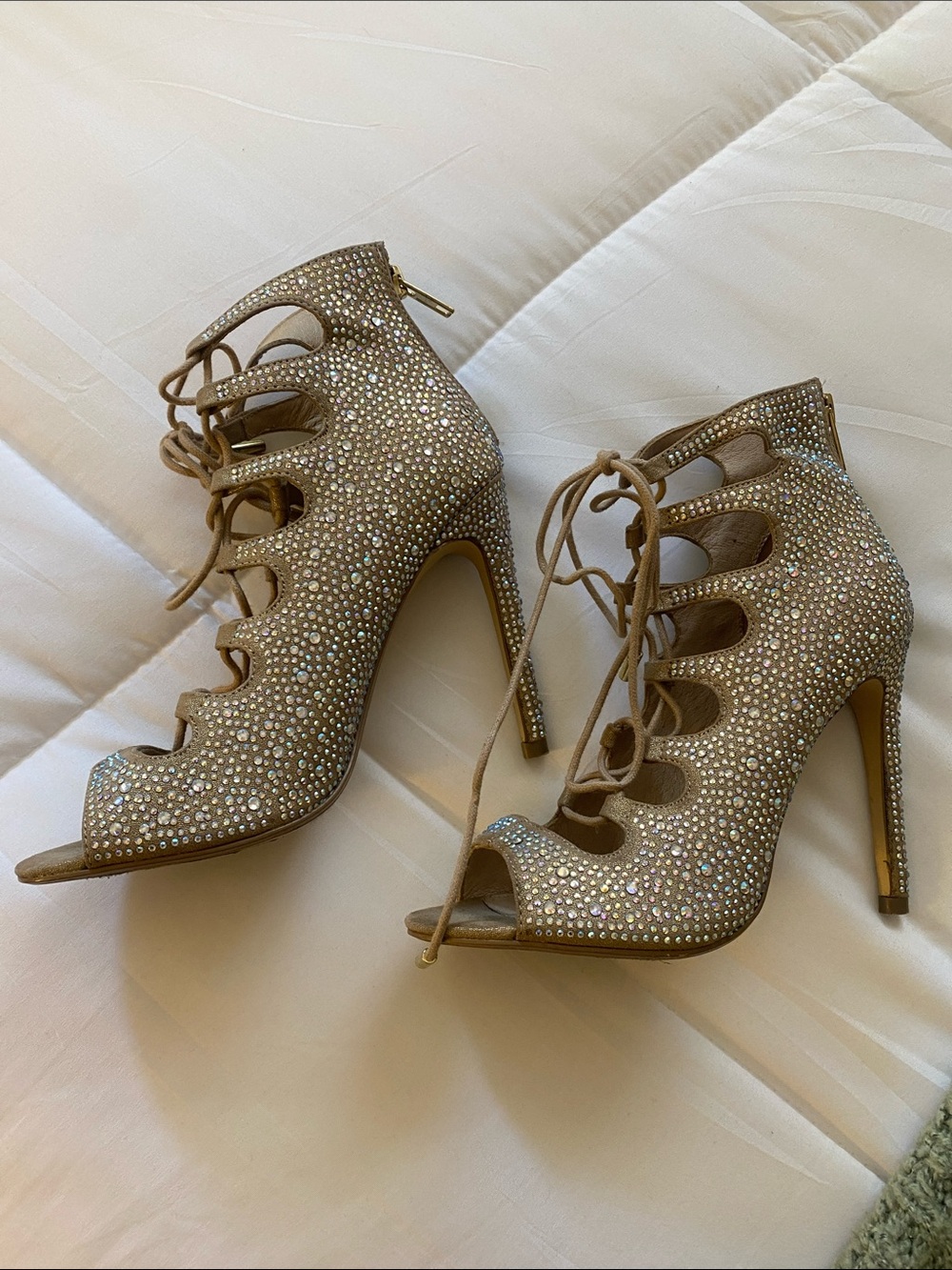 Steve Madden-Rhinestone Lace-Up High Heel Sandals - Beige